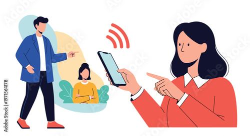 Woman in the foreground using her smartphone to communicate with distant people shown in colored bubbles representing social networking.