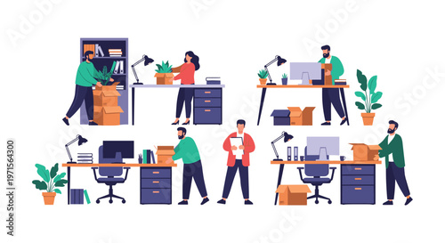 Diverse group of office employees packing personal belongings and office supplies into cardboard boxes for a business relocation.