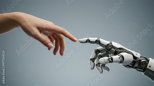 Human hand and robotic hand touching fingers in futuristic scene with grey background