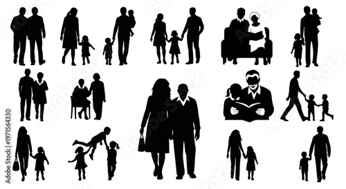Black silhouettes of diverse family members and relationships.