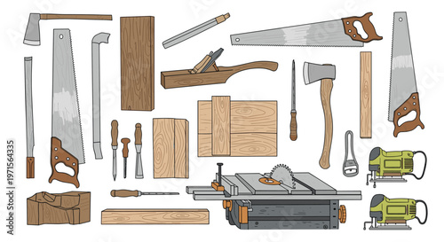 Assortment of traditional and modern woodworking tools including saws, axes, chisels, a table saw, and various pieces of raw timber.
