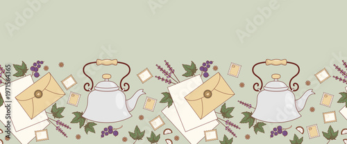 Slow living, Seamless Border. Porcelain Teapot and Blackcurrant Berries. Craft Snail Mail. Vintage Letter and Lavender on Green Background. Horizontal Botanical Vector Illustration with Copy Space.