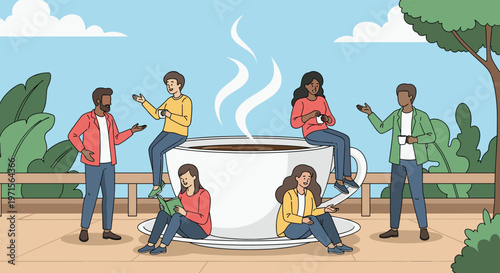 Group of miniature people interacting around a giant steaming cup of coffee on a terrace surrounded by lush green tropical plants.