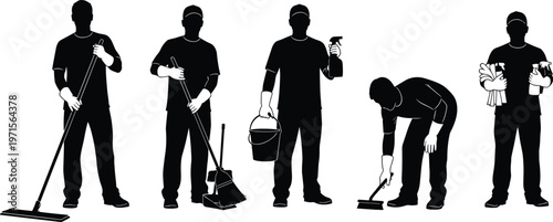 Cleaning staff silhouettes set, janitor workers with mop, bucket and spray performing sanitation tasks, professional housekeeping service icons isolated on white background