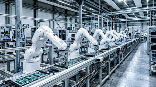 Industrial robotic arms working on circuit boards in a modern factory assembly line production