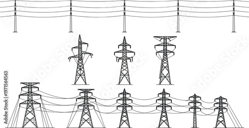 Electric transmission towers and power lines set with different pylon structures high voltage electricity infrastructure vector illustration