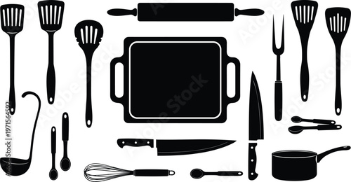Kitchen utensils silhouettes collection, cooking tools set including spatula, knife, whisk, pan and fork, culinary equipment icons isolated on white background for design