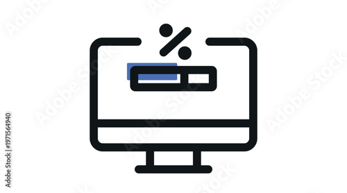 Software update and system loading icon: desktop computer with progress bar and percentage, fintech blue offset fill and black line vector illustration.