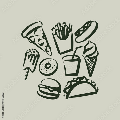 Fast food variety hand drawn line art icons with hot dog with ice cream