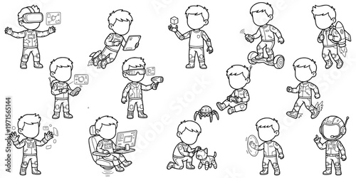 Faceless futuristic boy technology coloring page outline vector set
