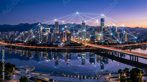 Night cityscape with network connections and bridge over water  modern urban landscape