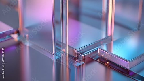 Abstract glass cubes in neon light. Geometric transparent prisms with soft blue and purple reflection. Minimalist structure for modern interior background and futuristic design concept.