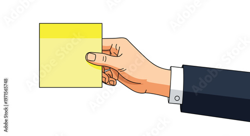 Businessman hand in a suit sleeve holding up a blank square yellow sticky note against a clean white background for a message.