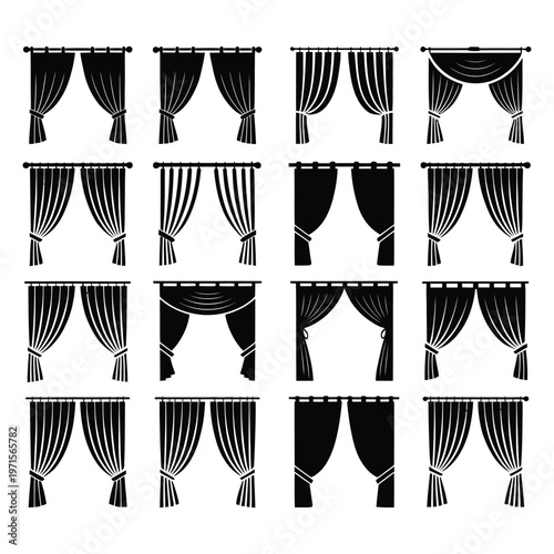 Large collection of sixteen different black window curtain silhouettes with various drapes and fabric styles for interior decoration.