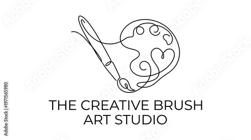 Elegant Continuous Line Art Studio Logo  Paintbrush  Palette Creativity.
