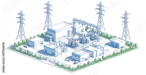 Electrical power plant isometric illustration with substations transmission towers and energy distribution infrastructure detailed vector design