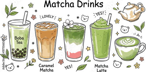 Matcha drinks collection with boba tea caramel latte layered desserts and teapot cute hand drawn beverage illustration vector