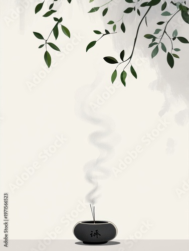 Incense burning in a bowl under a leafy branch