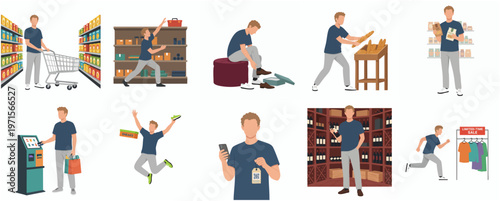 Flat Style Various Shopping Activity Poses of Man Character in Store