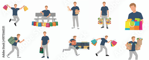 Flat Illustration Set of Man in Different Shopping Poses Lifestyle