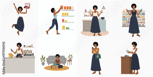 Flat Illustration African Woman Various Activities Indoor and Outdoor Lifestyle