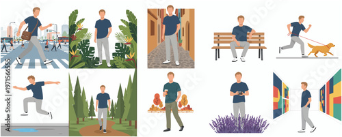 Flat Character Illustration Set of a Man in Various Activities and Sceneries