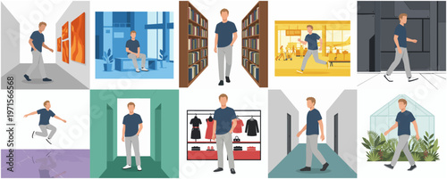 Flat Illustration Man in Various Indoor and Outdoor Scenes Lifestyle