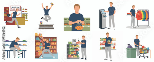 Modern Flat Illustration of a Man Engaging in Various Shopping Activities