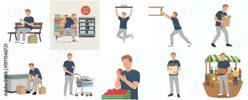 Flat Style Young Man Doing Daily Shopping And Activity Illustration Set