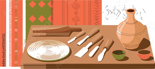Pottery making tools and ceramic art supplies on table with patterned textile background.