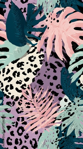 Tropical leaf and leopard print pattern. Abstract jungle foliage mixed with animal skin texture. Exotic botanical seamless background for fashion textile design or modern wallpaper.