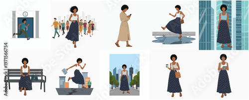 Diverse Lifestyle Illustration of Black Woman in Various Urban Scenarios