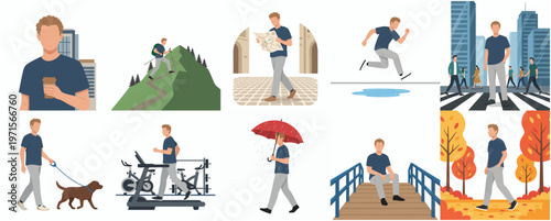 Flat Illustration Man in Various Activities Lifestyle Daily Life Illustration