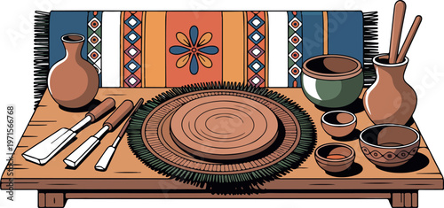 Pottery crafting table with tools, clay, and ceramic vessels on colorful textile background.