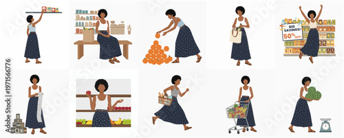 Flat Graphic Woman Shopping Groceries at Supermarket Character Illustration Set