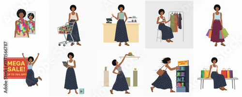 Diverse Handdrawn Black Woman Shopping in Various Retail Scenarios Illustration Set