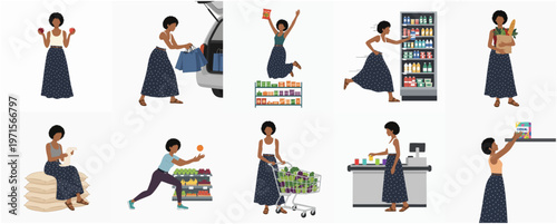 Flat Illustration Various Activity of Woman Shopping in Grocery Store Set