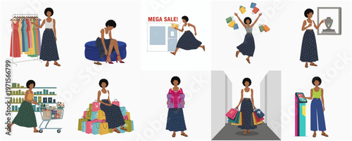 Flat Style Various Activities of Fashionable Woman Enjoying Shopping Spree Illustration