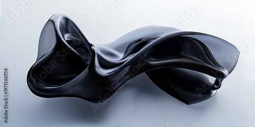 Abstract Glossy Black Fluid Sculpture with Dynamic Curved Form