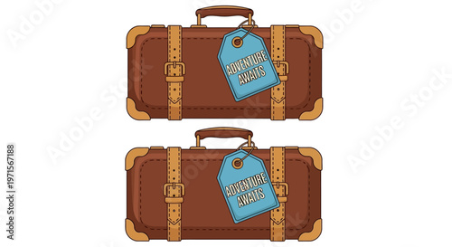 Two brown vintage luggage suitcases stacked.