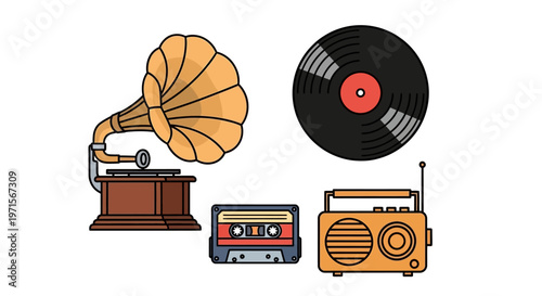 Retro music players and vinyl record.