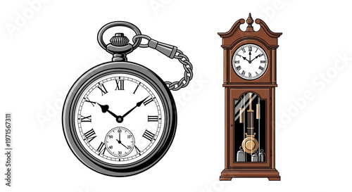 Pocket watch and grandfather clock.