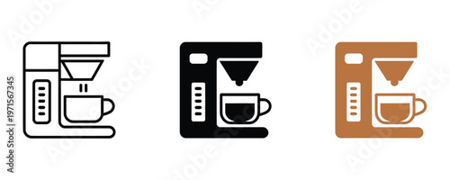 Three coffee maker icons in different colors on white background