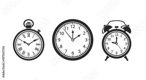 Three clocks on a white background.
