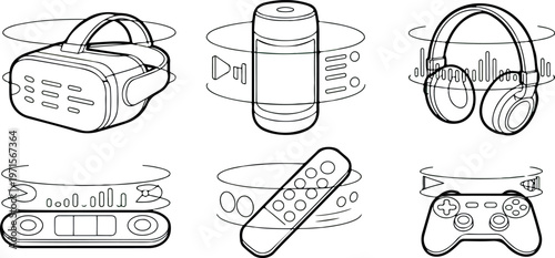 Modern electronic gadgets line art set with vr headset, speaker, headphones, remote control, and gamepad.