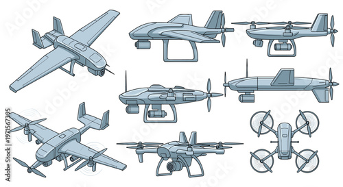 Technical illustration showcasing various designs of unmanned aerial vehicles or drones for surveillance, delivery, and leisure uses.