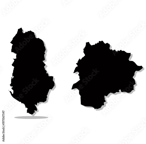 Black silhouette maps of Albania and Andorra detailed outlines vector illustrations