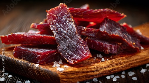 Dried beef jerky slices on a wooden cutting board with coarse salt crystals. Appetizing smoked meat snack. Protein rich food for healthy diet and nutrition concept. Savory gourmet appetizer.