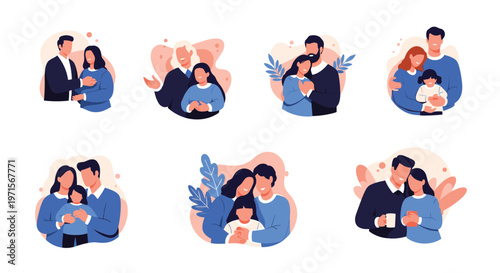 Heartwarming set of illustrations depicting various family members sharing moments of love, care, and togetherness in soft colors.