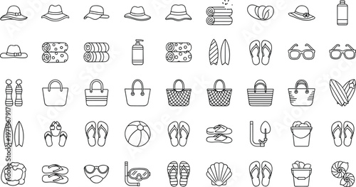 Collection of beach and summer icons including hats, Towels, Bags, And accessories